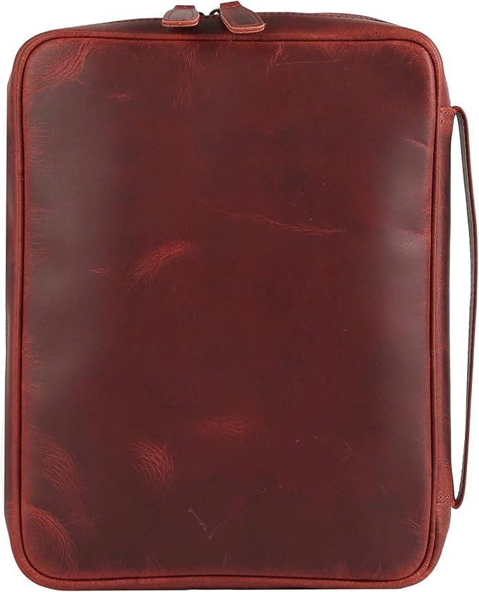 Leather Bible Cover for Men & Women – Zippered Bible Case with Handle, Note & Pen Organizer – Fits Large Study Bible – 11.5x8.5 Inch (Red)