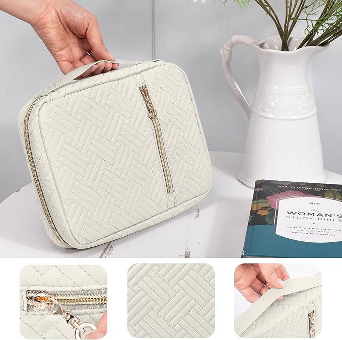 Quilted Bible Cover for Women, Large Bible Bag with Handle & Shoulder Strap, Bible Study Supplies Organizer, Zipper Bible Carrying Case, Christian Gift Book Cover Fits 9 x 6 Bible