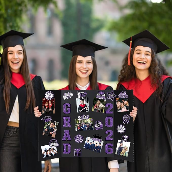 4 Set Graduation Photo Display Board, Class of 2026 Black Purple Trifold Poster Board with Grad Pattern Stickers, Graduation Photo Props Collage for Multiple Pictures Party Decorations, 16x24 Inch