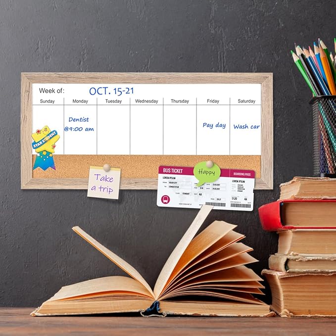 Magnetic Weekly Dry Erase White Board and Cork Board,Rustic Brown Wood Frame，Magnetic Surface Whiteboard for Home Office and Wall Decor(ZHZL-2040QZ)