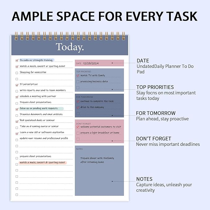 KMQOY To Do List Notepad - 2 Pack Daily Planner Pad Undated 52 Sheets Spiral Today Planner Note Pad Premium Thick Paper 6.5" x 9.8" For Work and Personal Organized