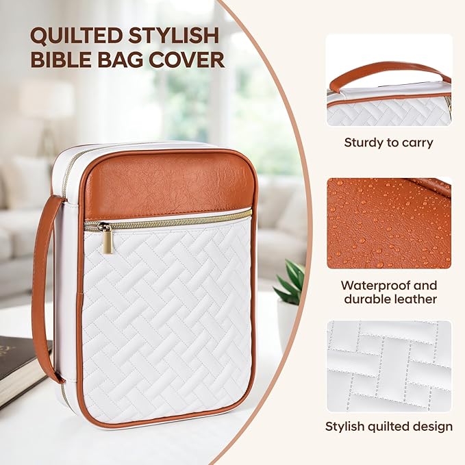 Bible Cover Case for Women - Quilted Large PU Leather Bible Carrying Case, Bible Bag Study Supplies Bible Carrier, Christian Gift for Women and Girl, Grandma Daughter(Brownish White)