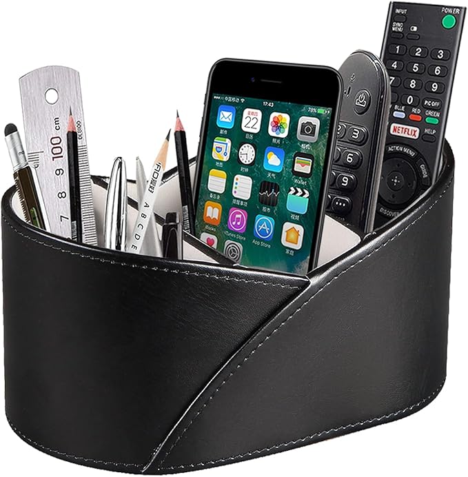 PU Leather TV Remote Control Holder with 3 Compartments, Bedside Table Remotes Caddy, Office Desk Accessories and Workspace Organizers, Storage Box to Store Pen, Controllers, Media Player, Cosmetics