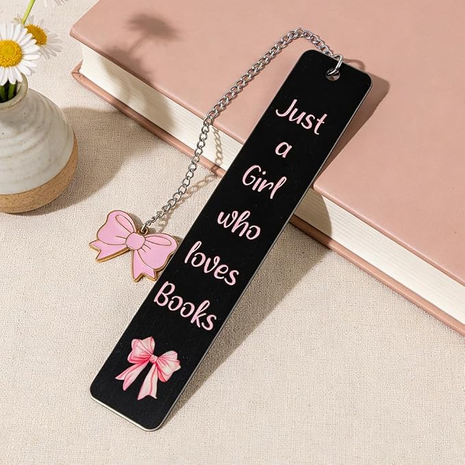 Pink Bowknot Stainless Steel Bookmark - Printed with Cute Bowknot Patterns & Equipped with Heart Pendants, Ideal for Female Readers, Perfect Birthday Gift for Girlfriends (Double-Sided B)