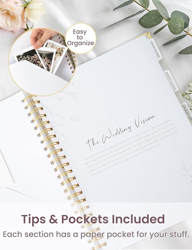 Wedding Planner Book and Organizer for the Bride, 9x12" Wedding Planning Book with 5 Tabbed Sections, Pockets, Checklists, Calendars, Countdown, Metal Corner, Engagement Gifts for Couples, Floral