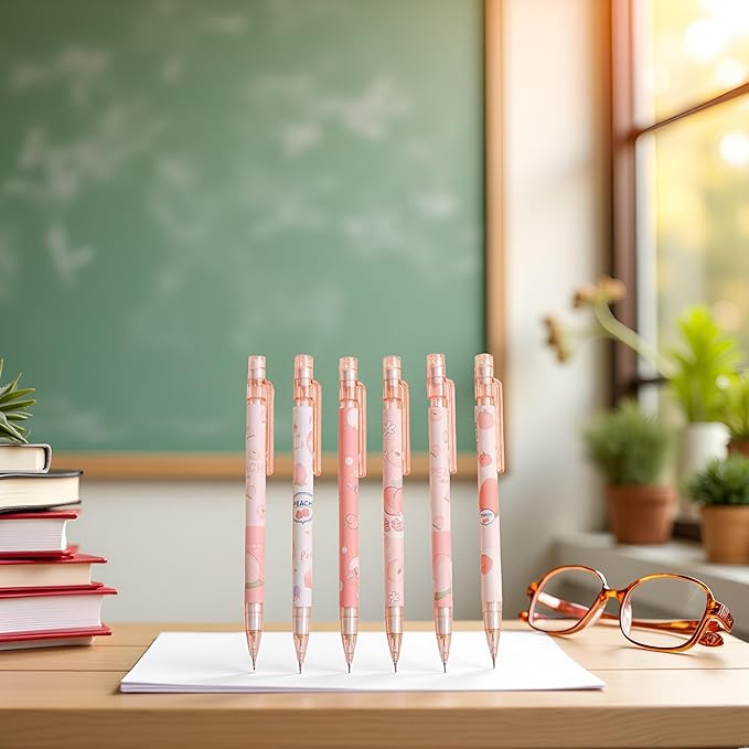 6 Pcs Mechanical Pencils with Eraser,Cute Mechanical Pencils With Top Peach Automatic Stationery Gift Peach Automatic School Office Supply,Writing and Correction Supplies