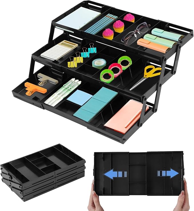 3 Tier Drawer Organizer for Desk, Multi-Functional Three Tier Storage Drawers for Office Supplies, Makeup, Bathroom Essentials & Craft Accessories, Space-Saving Storage Box(1 Row 3 Tier-Black)