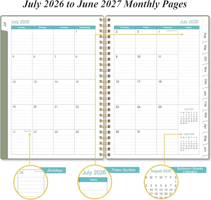 2026-2027 Planner - Weekly and Monthly Calendar Planner from Jul 2026 - Jun 2027, Planner 2026-2027 Spiral Bound with 12 Monthly Tabs, Inner Pocket, Perfect for School Office Supplies, 6.4" x 8.5", Green-C