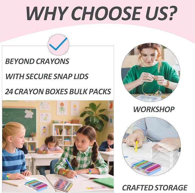 24 Pack Plastic Crayon Boxes with Lids, Clear Stackable Storage Containers for Crayons Bulk, Classroom Organizer, Art Supplies & Small Items