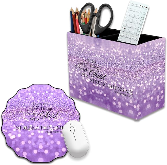 Pen Holder and Anti-Slip Mouse Pad Combination, Makeup Brush Storage Box, Tableware Storage Box, Suitable for Office and Home - Purple Glitter Quote Philippians 4-13