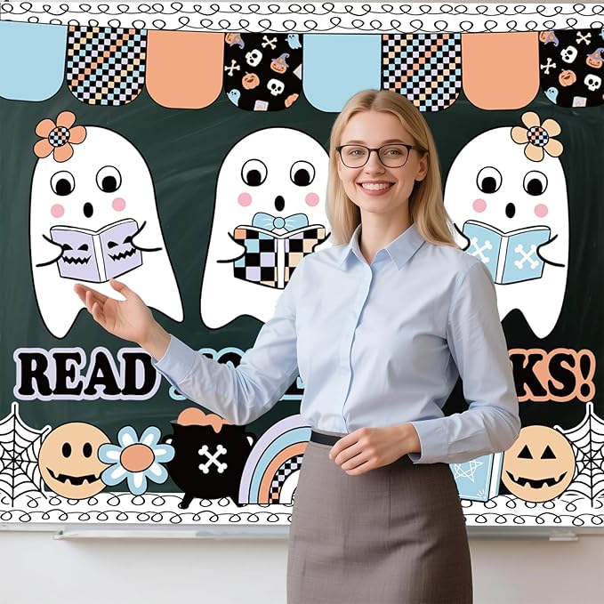 Halloween Bulletin Board Decorations Set, Boho Halloween Ghost Classroom Decor with Cute Ghost Paper Cutouts Border Trims for Back to School Teacher Nursery Classroom Wall Door Decor