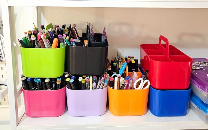2 Pack Small 6 Compartment Multiuse Caddy Organizer with Handle Art Craft Supplies, Office, Desk, Stationery Pen Holder Stackable- Made In USA (Orange/Green)