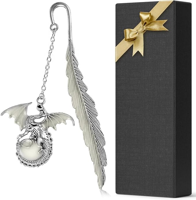 Vintage Feather Dragon Metal Bookmark, Glow in The Dark Dragon Gift, Fantasy Bookmark Gifts, Cool for Women Men, Reading Lovers (Antique Silver Dragon)