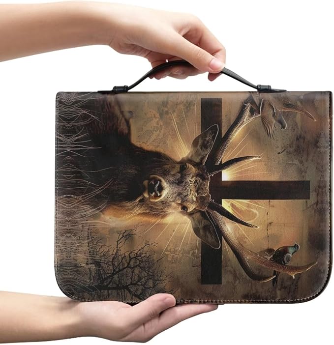 Bible Cover & Case for Men Boys/Book Carrying Case with Pen Slot-Church Bag for boy,Deer and Cross,Large