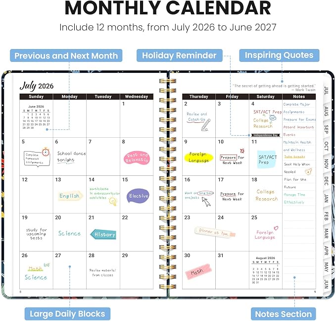 Planner 2026-2027, Monthly and Weekly Calendar Academic Planner July 2026 - June 2027, Hardcover Student Teacher Planning Agenda Book with Tabs, Perfect for Office School Supplies, A5 (6.3" x 8.5") - Desert Bloom