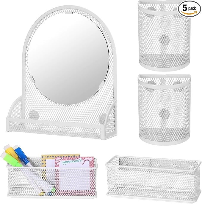 Weysat Set of 5 Magnetic Locker Accessories Mirror with 2 Magnetic Pen Holder and 2 Wire Mesh Storage Basket for Students Back to School Locker Organizer for School Office(White)