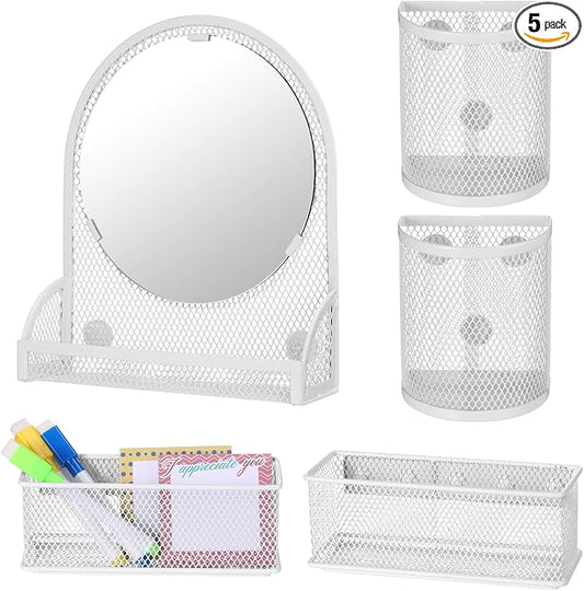 Weysat Set of 5 Magnetic Locker Accessories Mirror with 2 Magnetic Pen Holder and 2 Wire Mesh Storage Basket for Students Back to School Locker Organizer for School Office(White)