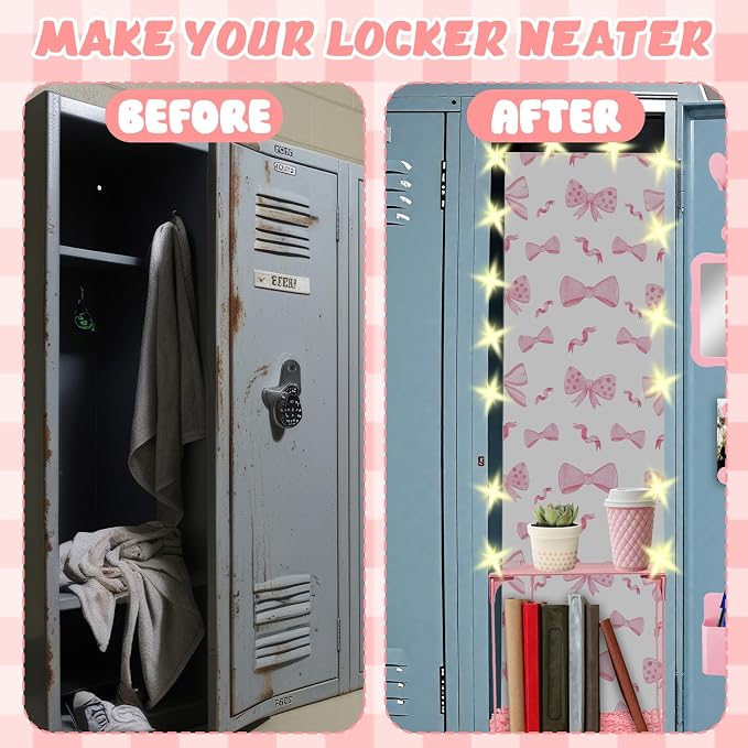 16 Pcs Locker Accessories Kit Pink Locker Organizer Decorations Include Bow Wallpaper String Light Magnetic Whiteboard Mirror Storage Cup Marker Rug Organizing Shelf for Back to School Supply