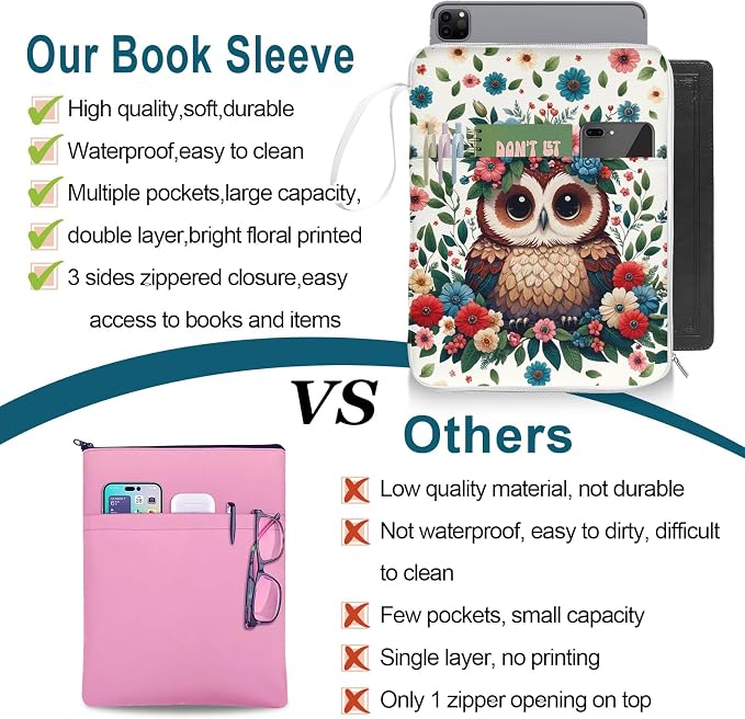 Owls Book Sleeve Book Pouch, PU Leather Waterproof Kindle Pouch, Cute Book Protector Case with Zipper, 12.6"x 9.4" Print Portable Book Cover Bag for Book Lovers Gifts Paperbacks Bibles