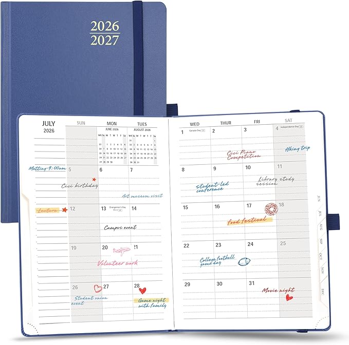 POPRUN Monthly Planner 2026-2027, 6.25" x 8.5", 18 Month (Jul 2026 - Dec 2027) Calendar Book, Academic Calendar Planner with Monthly Tabs, Inner Pocket, Hard Cover, 100GSM Paper - Navy Blue