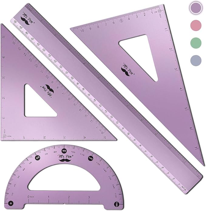 Mr. Pen- Metal Geometry Kit, 4 Pack, 45° & 30°/60° Set Squares, 6" Protractor & 12" Ruler, Durable Metal Drafting Tools for Technical Drawing, Math, Engineering & Architecture