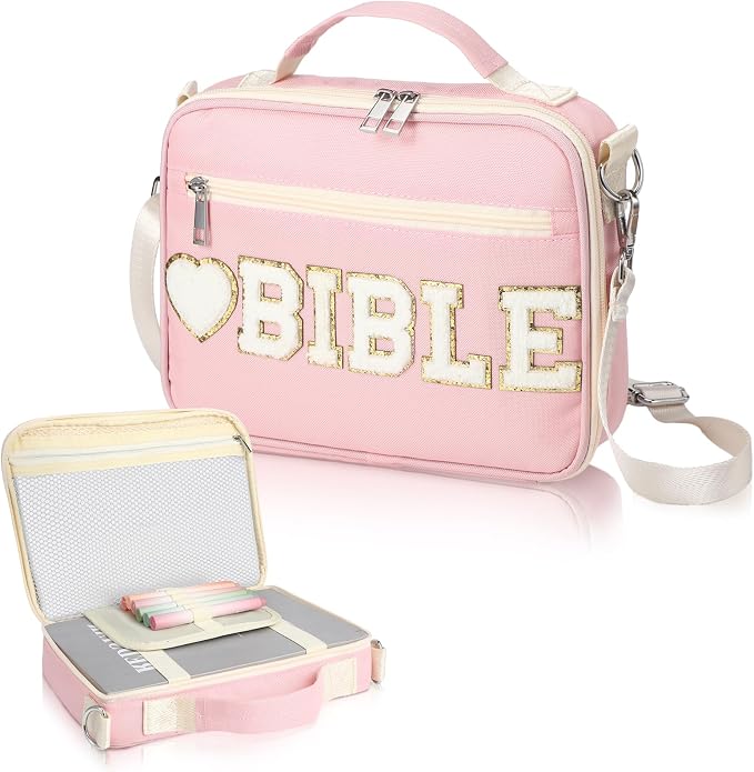 Silkfly Pink Bible Cover Case Preppy Large Chenille Letter Church Bag with Shoulder Strap Handle Back to School Gifts Waterproof Christian Tote Bag for Women Teacher Bible Accessories