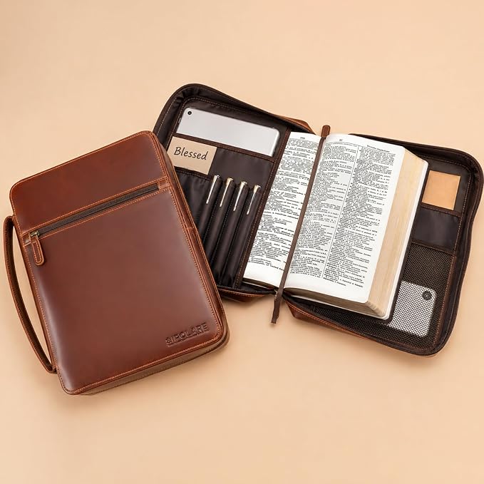 Polare Cowhide Leather Bible Cover Church Bag Bible Protective Book Holder Carrying Case Folder Organizer Portfolio (Brown)