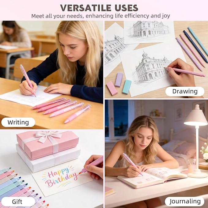 65Pcs Aesthetic School Supplies with Cute Pencil Case, 12 Pastel Highlighters, 10 Black Ink Gel Pens, Mechanical Pencils, Sticky Note Ruler Correction Tape for College Essentials Stationary Gift, Pink