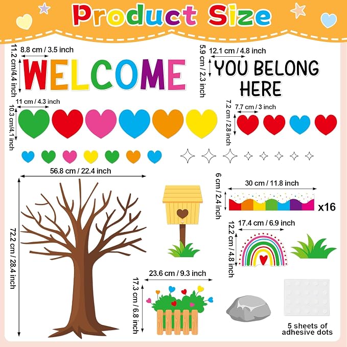 85pcs Rainbow Classroom Tree Bulletin Board Heart DIY Photo Name Tags Crafts Cutouts Back to School Rainbow Accents You Belong Here Welcome Classroom Decor for Nursery Elementary Chalkboard Wall Decor