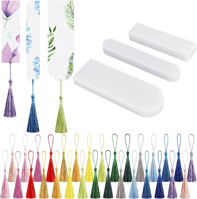 30 Pcs Acrylic Bookmark Blanks Bulk Clear Book Marks Kit with 30 Pcs Colorful Tassels Transparent Reading Book Page Mark Tags Set DIY Crafts Arts Projects Rectangle Oval Semicircle