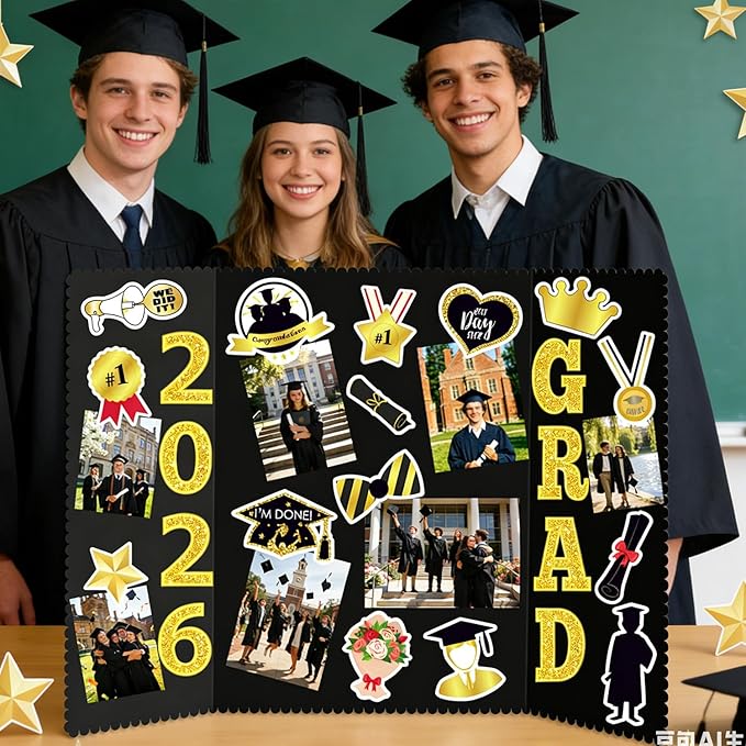 Graduation Photo Display Board - 4 Set Trifold Poster Board for Graduation Party, Colorful Folding Picture Presentation Frame for Multiple Pictures Table Decor (24x16 Inches)