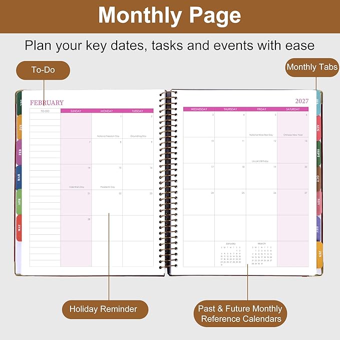 Planner 2026-2027, Leather Two-Tone Planner, 18 Month Weekly and Monthly Planner Calendar with Tabs, Jul 2026–Dec 2027, Large 8.5" x 11" A4 Hardcover Spiral Agenda Planner for Home, School and Work （Brown）