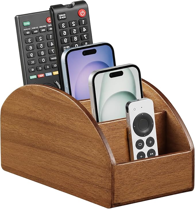BIBELUN Large TV Remote Control Holder, Rustic Wood Nightstand Remote Caddy with 5 Compartments, Entryway Table Storage Box Organizer for Phones, Controllers, Media Player, Office Supplies, Home Décor