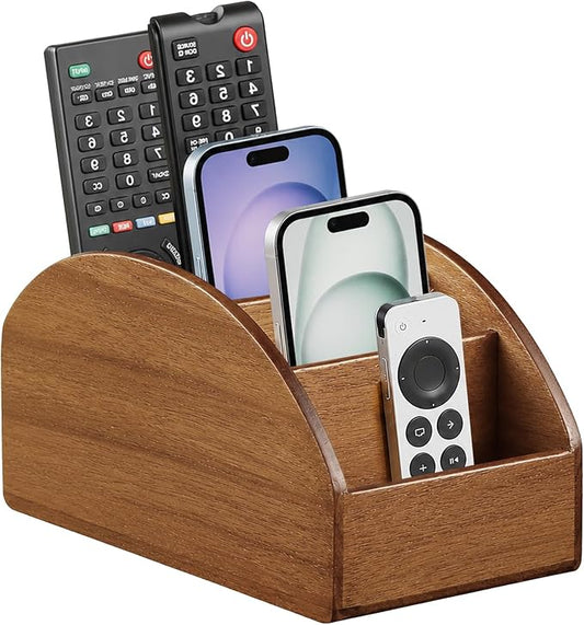 BIBELUN Large TV Remote Control Holder, Rustic Wood Nightstand Remote Caddy with 5 Compartments, Entryway Table Storage Box Organizer for Phones, Controllers, Media Player, Office Supplies, Home Décor