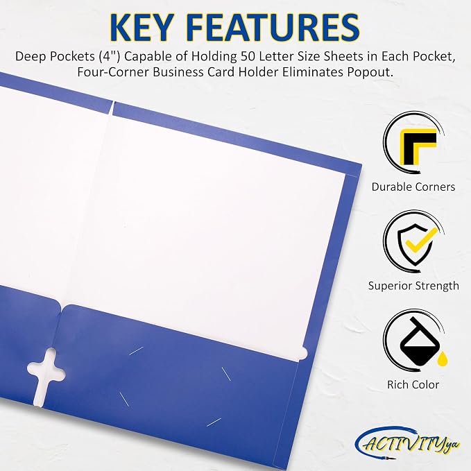 10 Pack Two Pocket Folders, Blue, Strong Thick Paper Folders, for Letter Size, by ACTIVITYya