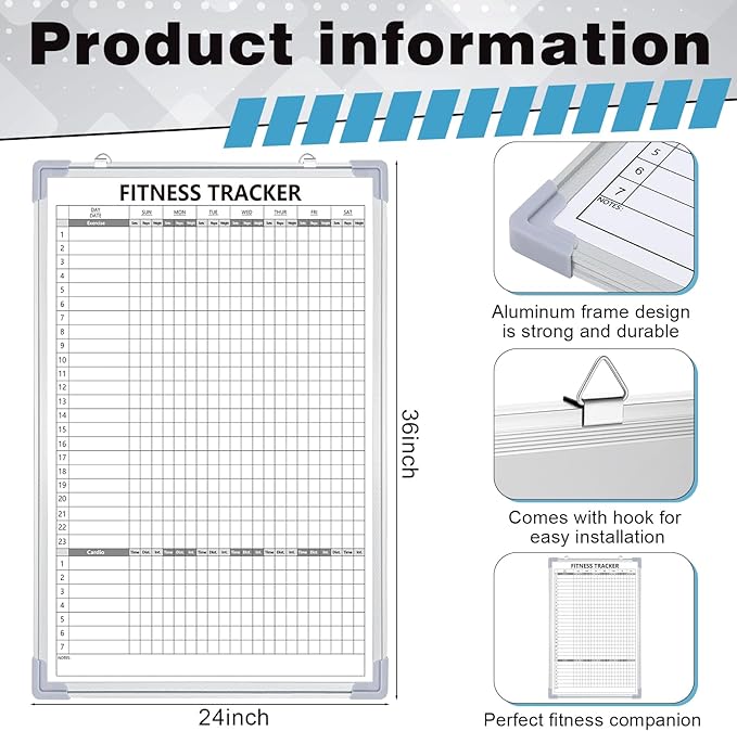 Lincia 24 x 36 Inch Fitness Tracker Whiteboard Workout Calendar for Home Gym Dry Erase Planner Hanging Removable to-Do List for Wall Whiteboard with Aluminum Frame for Gym Fitness Program(Style B)
