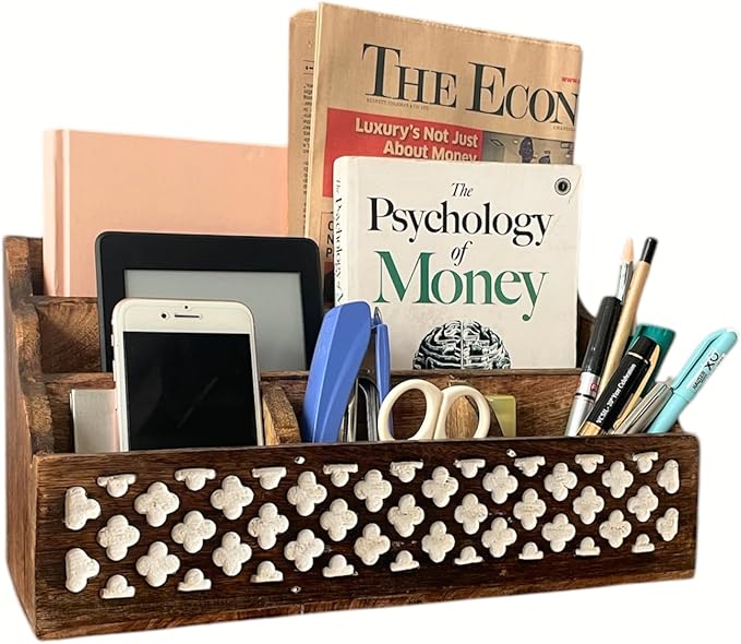 Mie Creations Wooden Office Mail Organizer for Desk Table, Vintage Wood Stationery Storage Pen Holder Desktop Accessories, 5 Compartments Bill Sorter, 13'' Large Caddy for Home, Art Supplies- White
