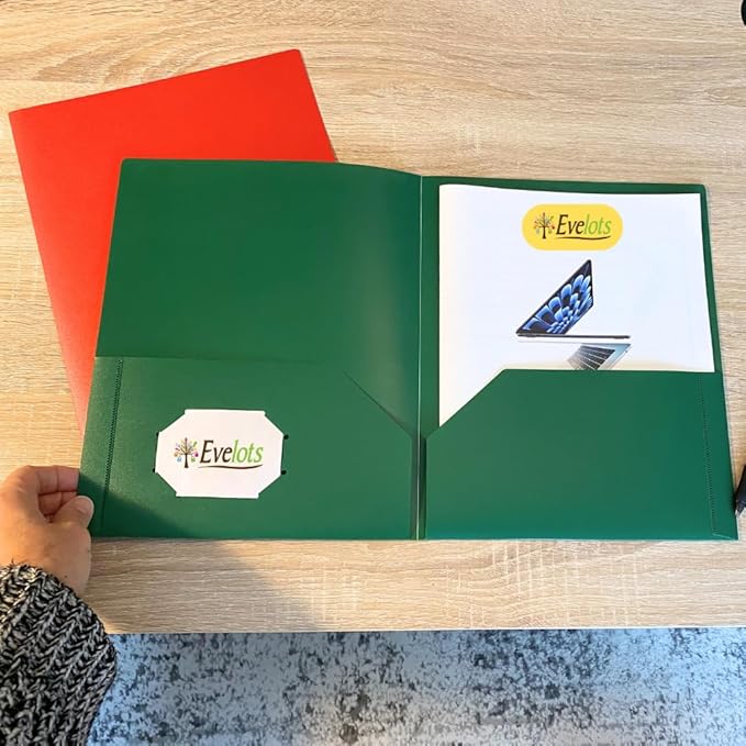 Evelots 2 Pocket Folders-12 Pack - Double Pocket Durable Plastic Folder - Letter Size - Business Card Slot - Flexible - Office, School, Home - 6 Color