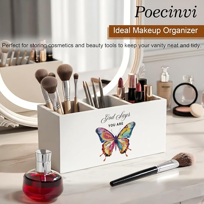 God Says You Are Butterfly Christian Pen Holder for Home Office Desk, Christian Gifts for Women, Butterfly Inspirational Bible Verse Wooden Box Sign Pencil Holder for Desk Shelf Organizer