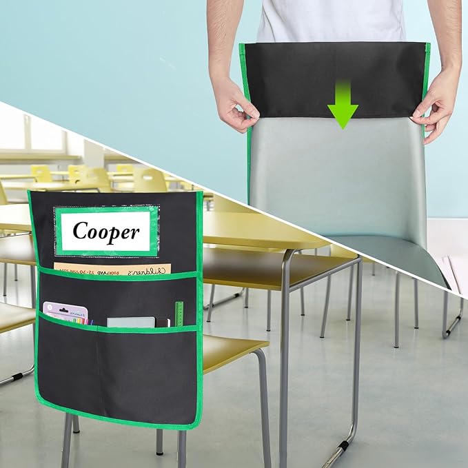 12 Pack Black Chair Pockets for Classrooms, Chair Pocket with 3 Heavy Duty Storage Pocket, Chair Back Buddy Pocket with Name Tag Slot, Ideal Back to School Supplies, Classroom Must Haves (Multicolor)