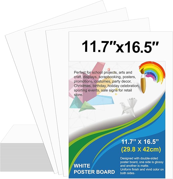 100 Pcs Poster Board 11.7 x 16.5 Inches White Poster Board Paper Bulk, ROOKEA 250 GSM Thickness Vision Board Blank Graphic Display Posterboards for Drawing Artwork School Arts Crafts Projects