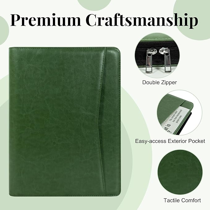 Calfinder Portfolio Folder with Zipper,Leather Padfolios for Women&Men,Professional Portfolio Binder with A4 Writing Pad Holder, Business Organizer for Resume/Interview