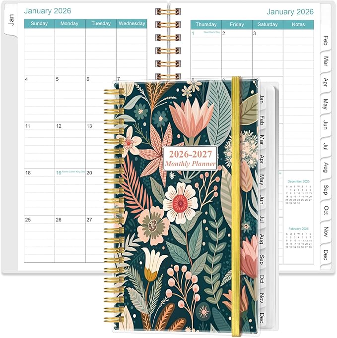2026-2027 Monthly Planner - January 2026 - June 2027, Two Pages Per Month, 18 Monthly Calendar/Planner with Tabs, Strong Twin-Wire Binding, Inner Pocket, 3.75" x 6.5", Flower-B