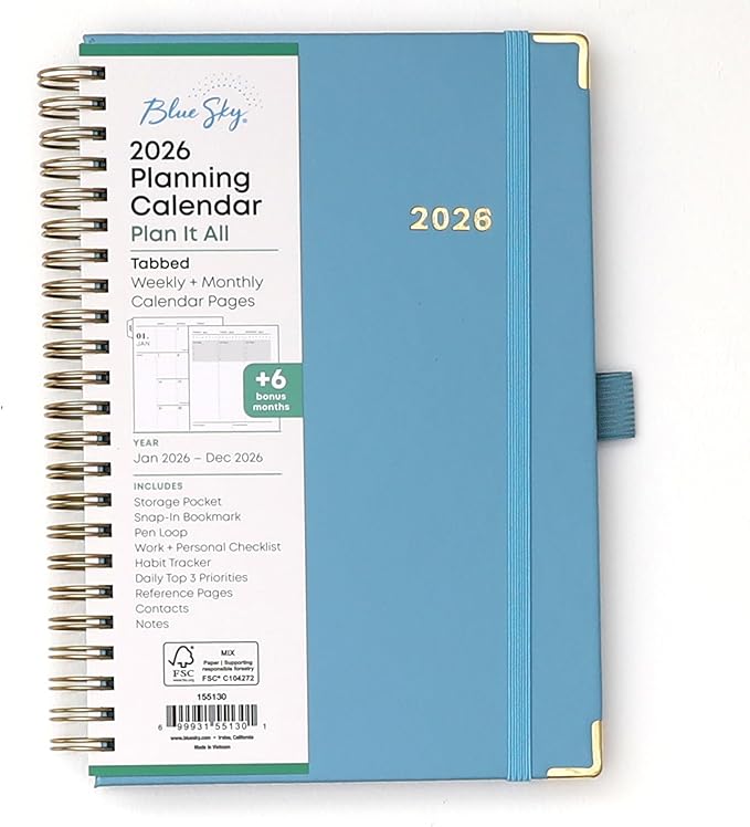 Blue Sky 2026 Weekly and Monthly Planner Calendar, January 2026 - December 2026, 5" x 8", Faux Leather Cover, Durable Twin Wire Binding, Storage Pocket, Laminated Tabs, Includes Pen Loop, Bungee, Ruler, Blue Haze