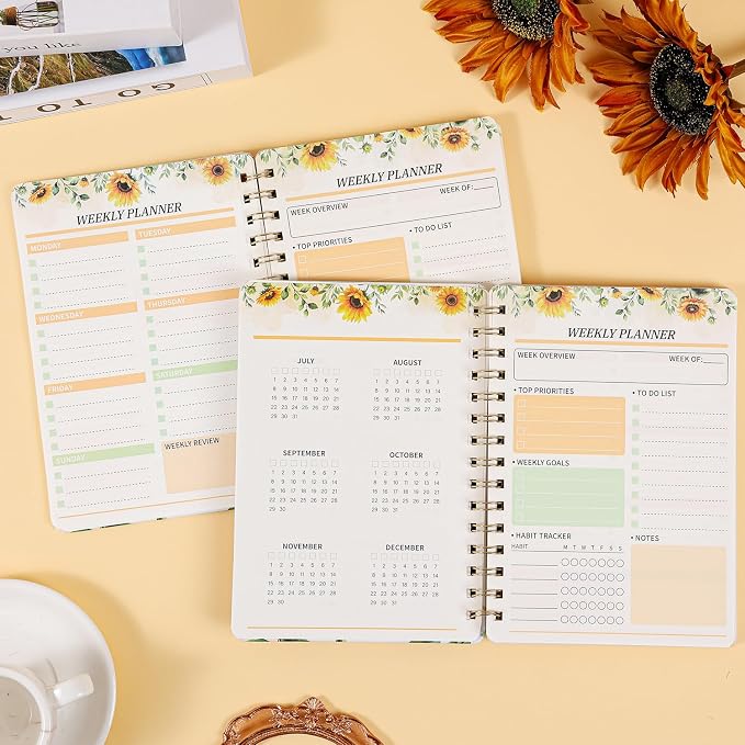 Sunflower Weekly Planner Hardcover - 52 Weeks Undated Daily Schedule Organizer with Personal Info Page & Perpetual Calendar, Floral Planning Notebook Gift for Women & Students, Office Home Planning