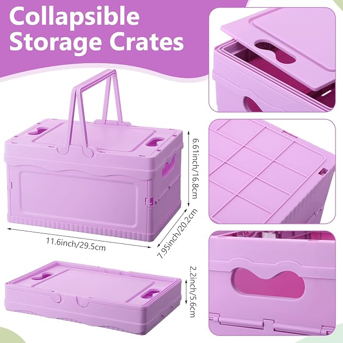 2 Pcs Pastel Plastic Collapsible Storage Crates with Lids and Handle Collapsible Picnic Basket Stackable Storage Bins Cute Foldable Container for Home Kitchen Office Bathroom(Purple)