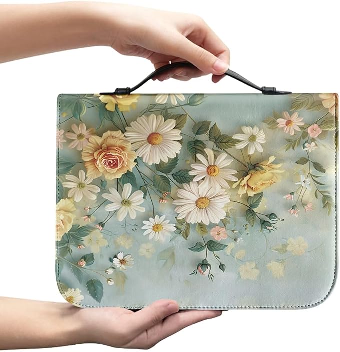 Daisy Flower Print Bible Cover Case for Women Girls Study Supplies Accessories Christian Gifts Carrying Cases Book Protector with Durable Handle-L