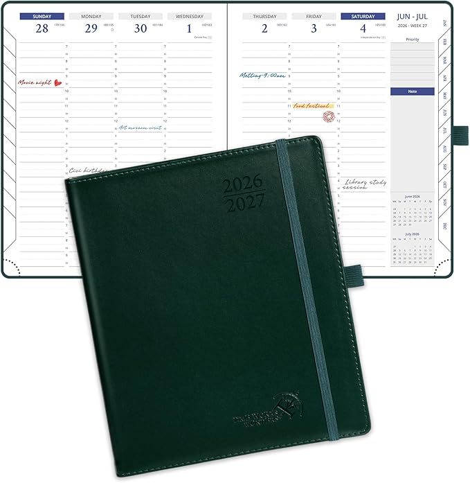 POPRUN 2026 Weekly Planner (Medium 7'' x 8.5''), 30-Minute Hourly Appointment Book (July 2026-June 2027) with Monthly Tabs, Inner-pocket, Pen Holder, PU Leather Softcover - Dark Green