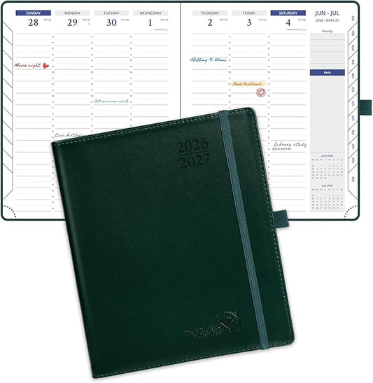 POPRUN Weekly Planner 2026-2027(Medium 7" x 8.5"), 30-Minute Hourly Appointment Book (July 2026-June 2027) with Monthly Tabs, Inner-pocket, Pen Holder, PU Leather Softcover - Dark Green