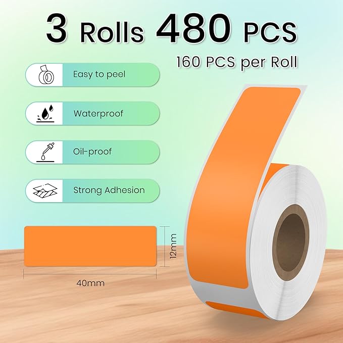 480 PCS D30 Label Maker Tape 0.47" × 1.57" (12 × 40 mm) Vinyl Waterproof Thermal Stickers Self-Adhesive Decals for Retail Office Home School Orange